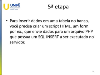 5ª etapa
• Para inserir dados em uma tabela no banco,
você precisa criar um script HTML, um form
por ex., que envie dados para um arquivo PHP
que possua um SQL INSERT a ser executado no
servidor.
19
 