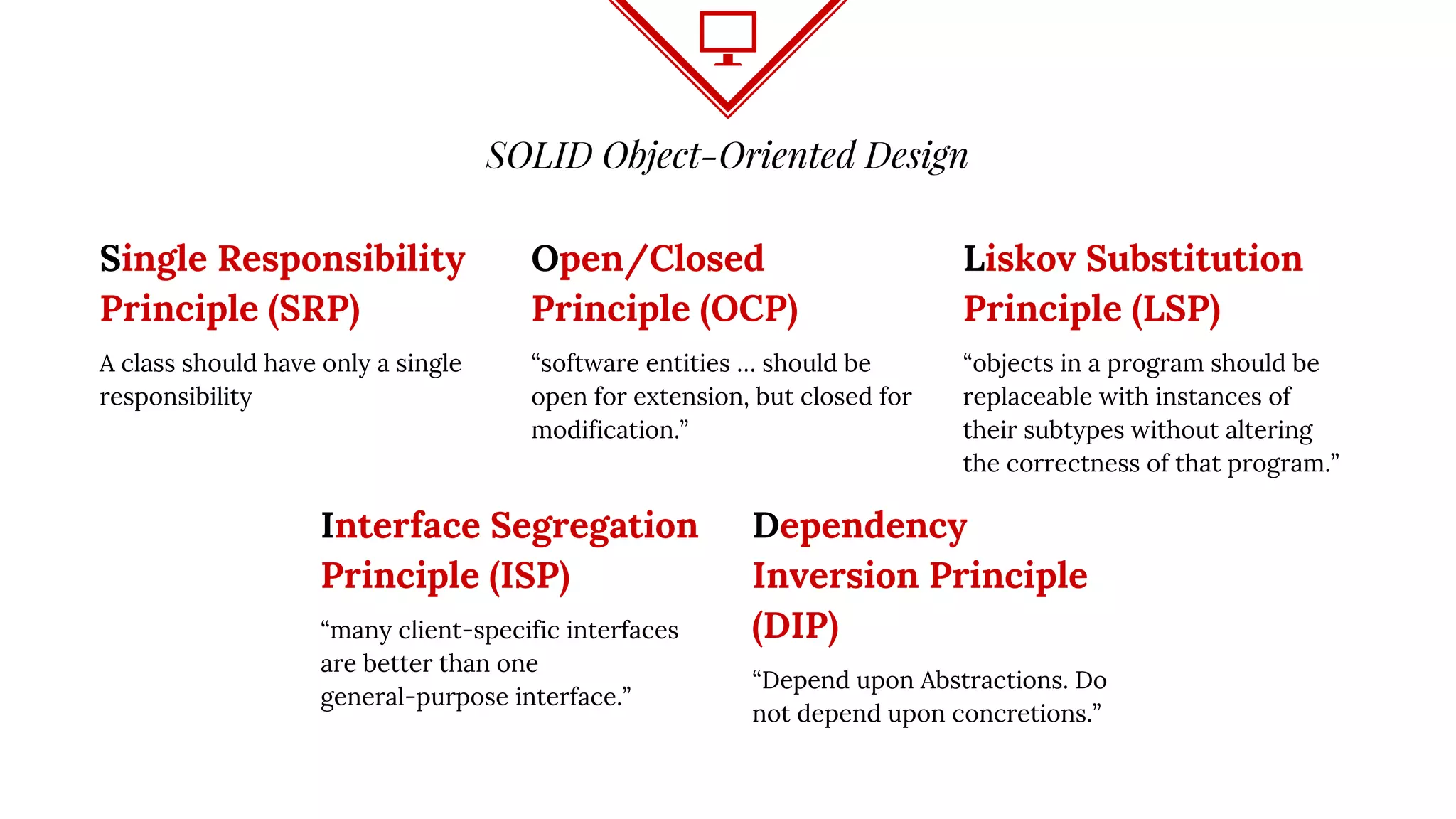 SOLID Object-Oriented Design
Single Responsibility
Principle (SRP)
A class should have only a single
responsibility
Open/Closed
Principle (OCP)
“software entities … should be
open for extension, but closed for
modification.”
Liskov Substitution
Principle (LSP)
“objects in a program should be
replaceable with instances of
their subtypes without altering
the correctness of that program.”
Interface Segregation
Principle (ISP)
“many client-specific interfaces
are better than one
general-purpose interface.”
Dependency
Inversion Principle
(DIP)
“Depend upon Abstractions. Do
not depend upon concretions.”
 