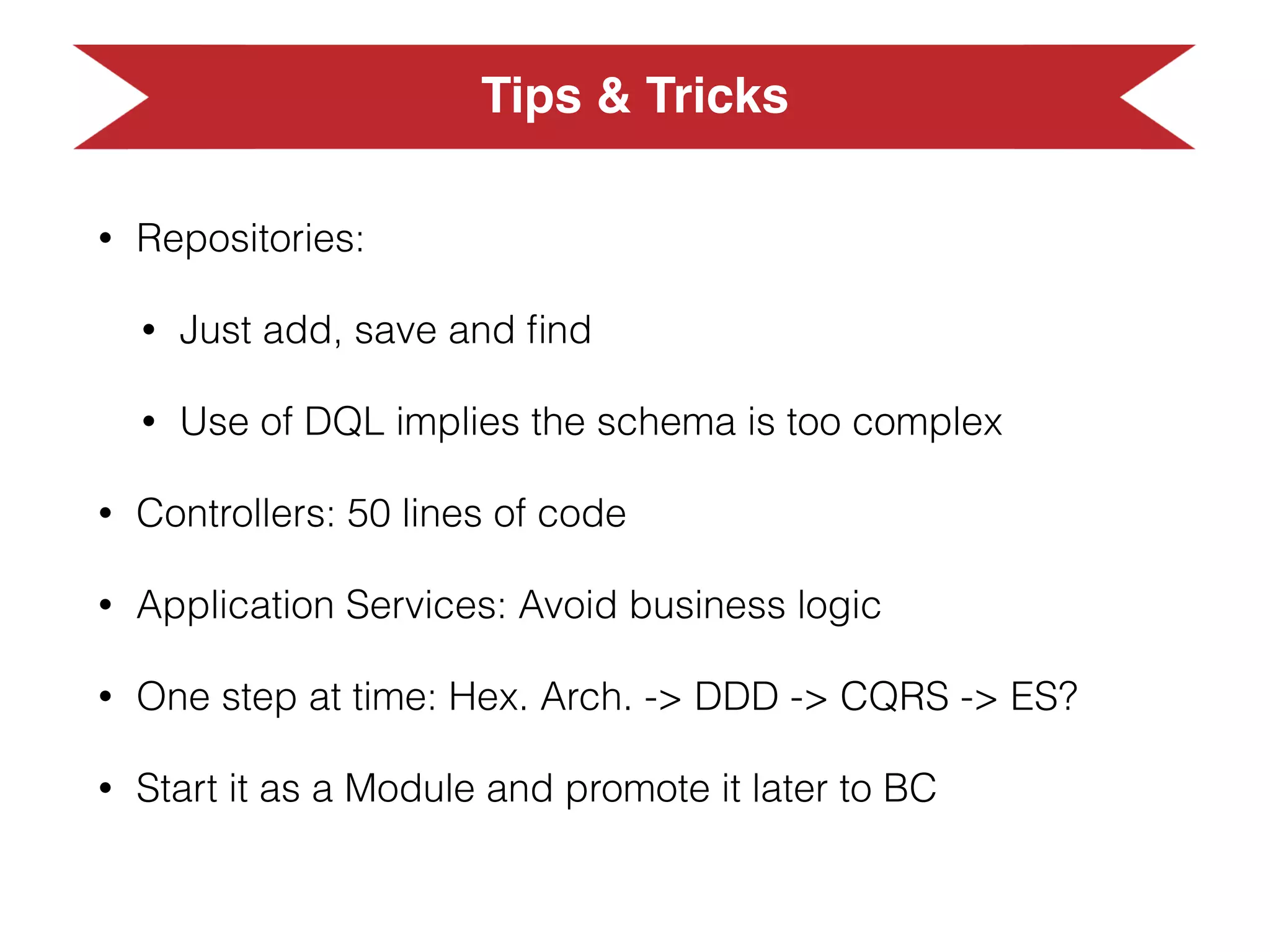 Problems
• Domain Events: Lost of order (async)
• Doctrine
• Unit Of Work + Integration Test = Fail
• Embedded: Identiﬁer or not
• Behat: The Container
 