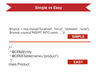 Simple vs Easy
$mysqli = new mysqli("localhost", "horus", "olakease", “suite");
$mysqli->query("INSERT INTO users …”))
SIMPLE
EASY
/**
* @ORMEntity
* @ORMTable(name="product")
*/
class Product
 