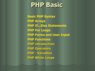PHP Basic Basic  PHP  Syntax PHP  Arrays PHP  If...Else   Statements PHP  For   Loops PHP  Forms   and  User  Input PHP  Functions PHP  introduction PHP  Operators PHP -  Variables PHP  While   Loops 
