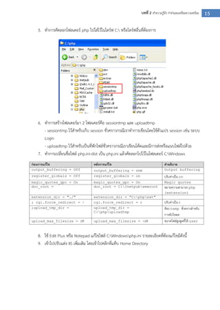 15บทที่ 2 ทาความรู้จัก PHPและเตรียมความพร้อม
5. ทาการคัดลอกโฟลเดอร์ php ไปใส่ไว้ในไดร์ฟ C: หรือไดร์ฟอื่นที่ต้องการ
6. ทาการสร้างโฟลเดอร์มา 2 โฟลเดอร์คือ sessiontmp และ uploadtmp
- sessiontmp ไว้สาหรับเก็บ session ชั่วคราวกรณีเราทาการเขียนโดยใช้ตัวแปร session เช่น ระบบ
Login
- uploadtmp ไว้สาหรับเป็นที่พักไฟล์ชั่วคราวกรณีเราเขียนโค้ดและมีการส่งหรือแนบไฟล์ไปด้วย
7. ทาการเปลี่ยนชื่อไฟล์ php.ini-dist เป็น php.ini แล้วคัดลอกไปไว้ในโฟลเดอร์ C:Windows
ก่อนการแก้ไข หลังการแก้ไข คาอธิบาย
output_buffering = Off output_buffering = 4096 Output buffering
register_globals = Off register_globals = on ปรับค่าเป็น on
magic_quotes_gpc = On magic_quotes_gpc = On Magic quotes
doc_root = doc_root = C:Inetpubwwwroot ขยายความสามารถ php
(extension)
extension_dir = "./" extension_dir = "C:phpext"
; cgi.force_redirect = 1 cgi.force_redirect = 0 ปรับค่าเป็น 0
;upload_tmp_dir = upload_tmp_dir =
C:phpuploadtmp
ห้อง temp ชั่วคราวสาหรับ
การอัปโหลด
upload_max_filesize = 2M upload_max_filesize = 10M ขนาดไฟล์สูงสูดที่ให้ user
8. ใช้ Edit Plus หรือ Notepad แก้ไขไฟล์ C:Windowsphp.ini รายละเอียดที่ต้องแก้ไขมีดังนี้
9. เข้าไปปรับแต่ง IIS เพิ่มเติม โดยเข้าไปคลิกที่แท็บ Home Directory
 