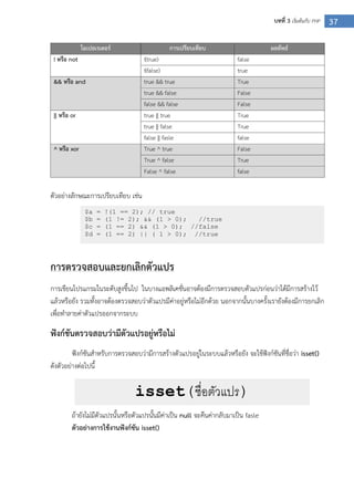 37บทที่ 3 เริ่มต้นกับ PHP
โอเปอเรเตอร์ การเปรียบเทียบ ผลลัพธ์
! หรือ not !(true) false
!(false) true
&& หรือ and true && true True
true && false False
false && false False
|| หรือ or true || true True
true || false True
false || fasle false
^ หรือ xor True ^ true False
True ^ false True
False ^ false false
ตัวอย่างลักษณะการเปรียบเทียบ เช่น
การตรวจสอบและยกเลิกตัวแปร
การเขียนโปรแกรมในระดับสูงขึ้นไป ในบางแอพลิเคชั่นอาจต้องมีการตรวจสอบตัวแปรก่อนว่าได้มีการสร้างไว้
แล้วหรือยัง รวมทั้งอาจต้องตรวจสอบว่าตัวแปรมีค่าอยู่หรือไม่อีกด้วย นอกจากนั้นบางครั้งเรายังต้องมีการยกเลิก
เพื่อทาลายค่าตัวแปรออกจากระบบ
ฟังก์ชันตรวจสอบว่ามีตัวแปรอยู่หรือไม่
ฟังก์ชันสาหรับการตรวจสอบว่ามีการสร้างตัวแปรอยู่ในระบบแล้วหรือยัง จะใช้ฟังก์ชันที่ชื่อว่า isset()
ดังตัวอย่างต่อไปนี้
ถ้ายังไม่มีตัวแปรนั้นหรือตัวแปรนั้นมีค่าเป็น null จะคืนค่ากลับมาเป็น fasle
ตัวอย่างการใช้งานฟังก์ชัน isset()
$a = !(1 == 2); // true
$b = (1 != 2); && (1 > 0); //true
$c = (1 == 2) && (1 > 0); //false
$d = (1 == 2) || ( 1 > 0); //true
isset(ชื่อตัวแปร)
 