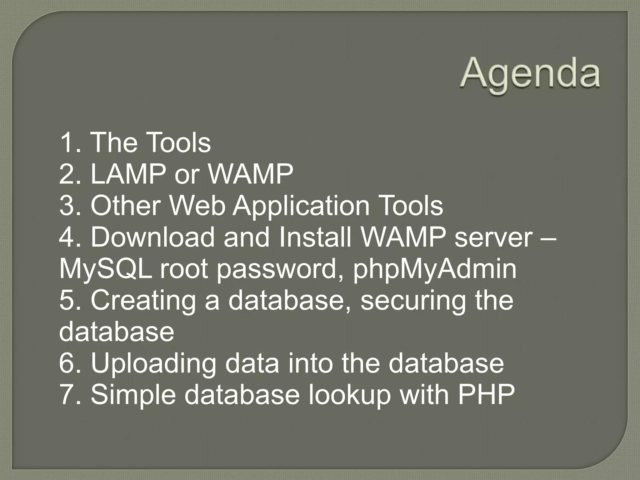 1. The Tools 2. LAMP or WAMP 3. Other Web Application Tools 4. Download and Install WAMP server – MySQL root password, phpMyAdmin 5. Creating a database, securing the database 6. Uploading data into the database 7. Simple database lookup with PHP 