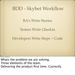 BDD - Skybet Workﬂow

                                BA’s Write Stories

                              Testers Write Gher...