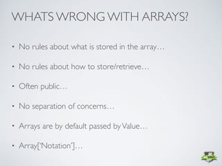 • No rules about what is stored in the array…
• No rules about how to store/retrieve…
• Often public…
• No separation of concerns…
• Arrays are by default passed byValue…
• Array[‘Notation’]…
WHATS WRONG WITH ARRAYS?
 