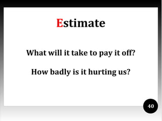 Estimate

What will it take to pay it off?

 How badly is it hurting us?



                                   40
 