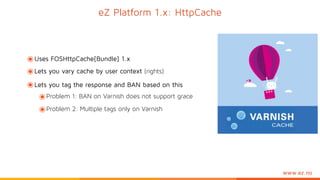 www.ez.no
eZ Platform 1.x: HttpCache
๏Uses FOSHttpCache[Bundle] 1.x
๏Lets you vary cache by user context (rights)
๏Lets you tag the response and BAN based on this
๏Problem 1: BAN on Varnish does not support grace
๏Problem 2: Multiple tags only on Varnish
 