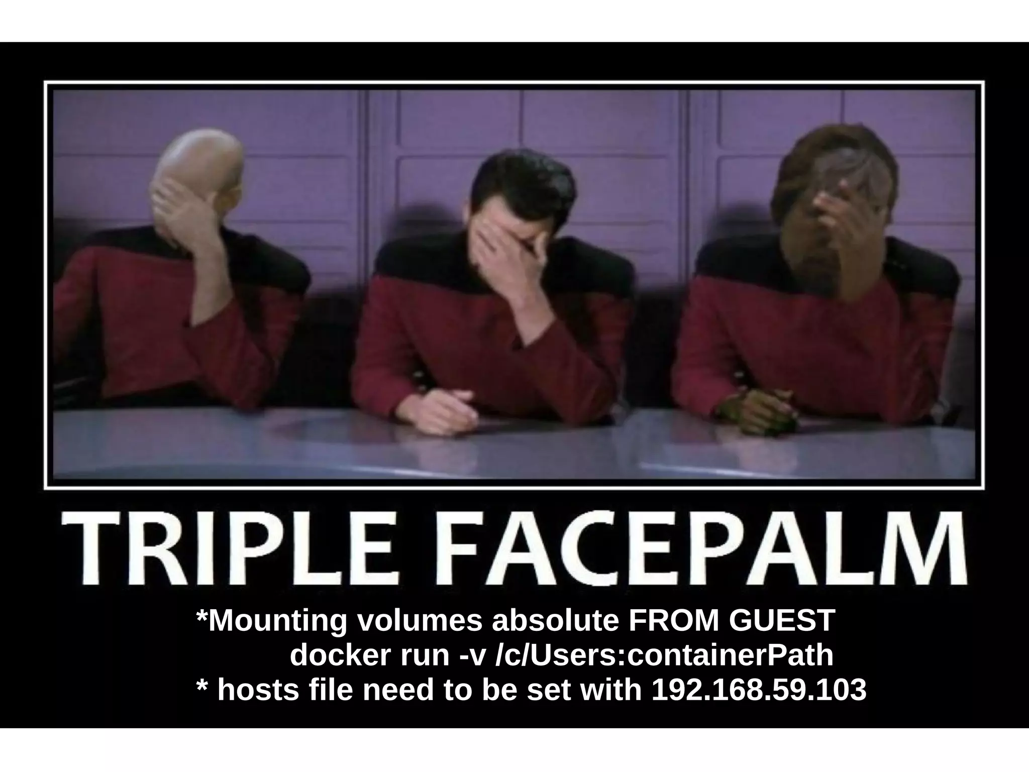*Mounting volumes absolute FROM GUEST 
docker run -v /c/Users:containerPath 
* hosts file need to be set with 192.168.59.103 
 
