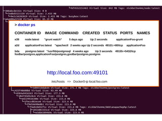 > docker ps 
CONTAINER ID IMAGE COMMAND CREATED STATUS PORTS NAMES 
e39 node:latest "grunt watch" 5 days ago Up 2 seconds applicationFoo-grunt 
a2d applicationFoo:latest "apachectl 2 weeks ago Up 2 seconds 49101->80/tcp applicationFoo 
bda postgres:latest "/usr/lib/postgresql 4 weeks ago Up 3 seconds 49155->5432/tcp 
fooBar/postgres,applicationFoo/postgres,gooBar/postgres,postgres 
http://local.foo.com:49101 
/etc/hosts => Docker0-ip local.foo.com 
 