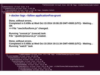 > docker logs –follow applicationFoo-grunt 
Done, without errors. 
Completed in 0.438s at Wed Oct 15 2014 19:06:28 GMT+0000 (UTC) - Waiting... 
OK 
>> File "rawJs/foo/form.js" changed. 
Running "concat:js" (concat) task 
File "./public/js/source.js" created. 
Done, without errors. 
Completed in 0.458s at Wed Oct 15 2014 19:11:34 GMT+0000 (UTC) - Waiting... 
Running "watch" task 
 