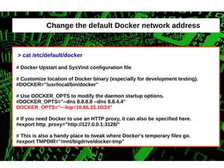 Change the default Docker network address 
> cat /etc/default/docker 
# Docker Upstart and SysVinit configuration file 
# Customize location of Docker binary (especially for development testing). 
#DOCKER="/usr/local/bin/docker" 
# Use DOCKER_OPTS to modify the daemon startup options. 
#DOCKER_OPTS="--dns 8.8.8.8 --dns 8.8.4.4" 
DOCKER_OPTS="—bip=10.66.33.10/24" 
# If you need Docker to use an HTTP proxy, it can also be specified here. 
#export http_proxy="http://127.0.0.1:3128/" 
# This is also a handy place to tweak where Docker's temporary files go. 
#export TMPDIR="/mnt/bigdrive/docker-tmp" 
 