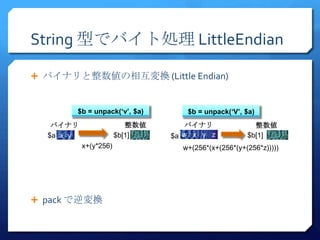 String 型でバイト処理 LittleEndian

 バイナリと整数値の相互変換 (Little Endian)


       $b = unpack(‘v’, $a)        $b = unpack(‘V’, $a)
   バイナリ                   整数値      バイナリ                整数値
  $a x y               $b[1]    $a w x y z           $b[1]
           x+(y*256)              w+(256*(x+(256*(y+(256*z)))))




 pack で逆変換
 