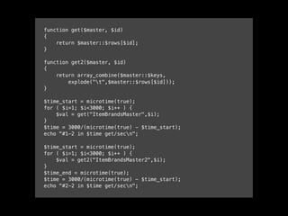 Benchmarkfunction get($master, $id)
{
return $master::$rows[$id];
}
function get2($master, $id)
{
return array_combine($master::$keys,
explode("t",$master::$rows[$id]));
}
$time_start = microtime(true);
for ( $i=1; $i<3000; $i++ ) {
$val = get("ItemBrandsMaster",$i);
}
$time = 3000/(microtime(true) - $time_start);
echo "#1-2 in $time get/secn";
$time_start = microtime(true);
for ( $i=1; $i<3000; $i++ ) {
$val = get2("ItemBrandsMaster2",$i);
}
$time_end = microtime(true);
$time = 3000/(microtime(true) - $time_start);
echo "#2-2 in $time get/secn";
 