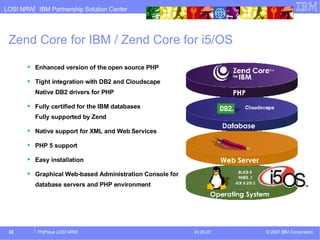 Zend Core for IBM / Zend Core for i5/OS Enhanced version of the open source PHP Tight integration with DB2 and Cloudscape Native DB2 drivers for PHP Fully certified for the IBM databases Fully supported by Zend Native support for XML and Web Services PHP 5 support Easy installation Graphical Web-based Administration Console for database servers and PHP environment 