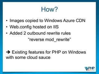 How?Images copied to Windows Azure CDNWeb.config hosted on IISAdded 2 outbound rewrite rules“reverse mod_rewrite” Existing features for PHP on Windows with some cloud sauce