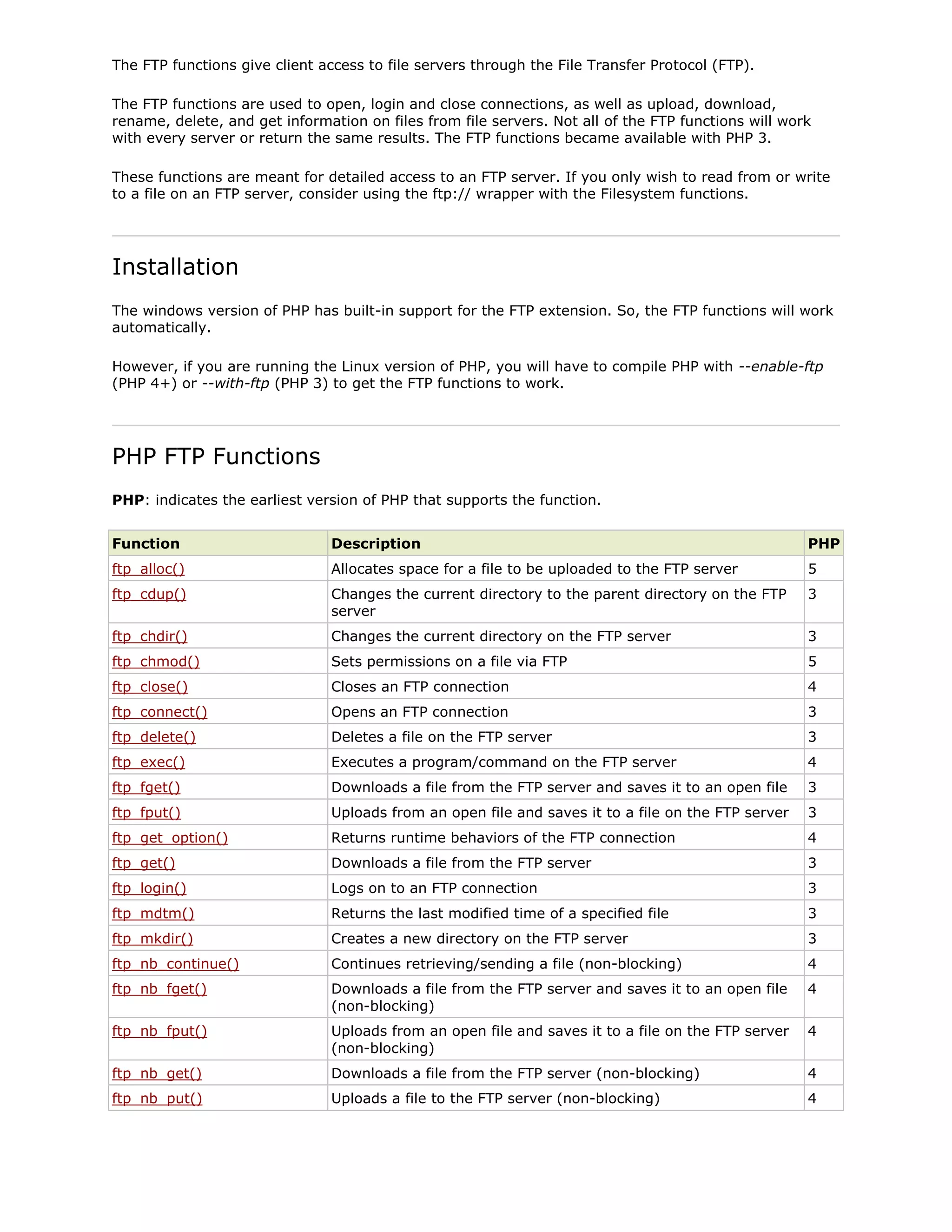 The FTP functions give client access to file servers through the File Transfer Protocol (FTP).
The FTP functions are used to open, login and close connections, as well as upload, download,
rename, delete, and get information on files from file servers. Not all of the FTP functions will work
with every server or return the same results. The FTP functions became available with PHP 3.
These functions are meant for detailed access to an FTP server. If you only wish to read from or write
to a file on an FTP server, consider using the ftp:// wrapper with the Filesystem functions.

Installation
The windows version of PHP has built-in support for the FTP extension. So, the FTP functions will work
automatically.
However, if you are running the Linux version of PHP, you will have to compile PHP with --enable-ftp
(PHP 4+) or --with-ftp (PHP 3) to get the FTP functions to work.

PHP FTP Functions
PHP: indicates the earliest version of PHP that supports the function.
Function

Description

PHP

ftp_alloc()

Allocates space for a file to be uploaded to the FTP server

5

ftp_cdup()

Changes the current directory to the parent directory on the FTP
server

3

ftp_chdir()

Changes the current directory on the FTP server

3

ftp_chmod()

Sets permissions on a file via FTP

5

ftp_close()

Closes an FTP connection

4

ftp_connect()

Opens an FTP connection

3

ftp_delete()

Deletes a file on the FTP server

3

ftp_exec()

Executes a program/command on the FTP server

4

ftp_fget()

Downloads a file from the FTP server and saves it to an open file

3

ftp_fput()

Uploads from an open file and saves it to a file on the FTP server

3

ftp_get_option()

Returns runtime behaviors of the FTP connection

4

ftp_get()

Downloads a file from the FTP server

3

ftp_login()

Logs on to an FTP connection

3

ftp_mdtm()

Returns the last modified time of a specified file

3

ftp_mkdir()

Creates a new directory on the FTP server

3

ftp_nb_continue()

Continues retrieving/sending a file (non-blocking)

4

ftp_nb_fget()

Downloads a file from the FTP server and saves it to an open file
(non-blocking)

4

ftp_nb_fput()

Uploads from an open file and saves it to a file on the FTP server
(non-blocking)

4

ftp_nb_get()

Downloads a file from the FTP server (non-blocking)

4

ftp_nb_put()

Uploads a file to the FTP server (non-blocking)

4

 