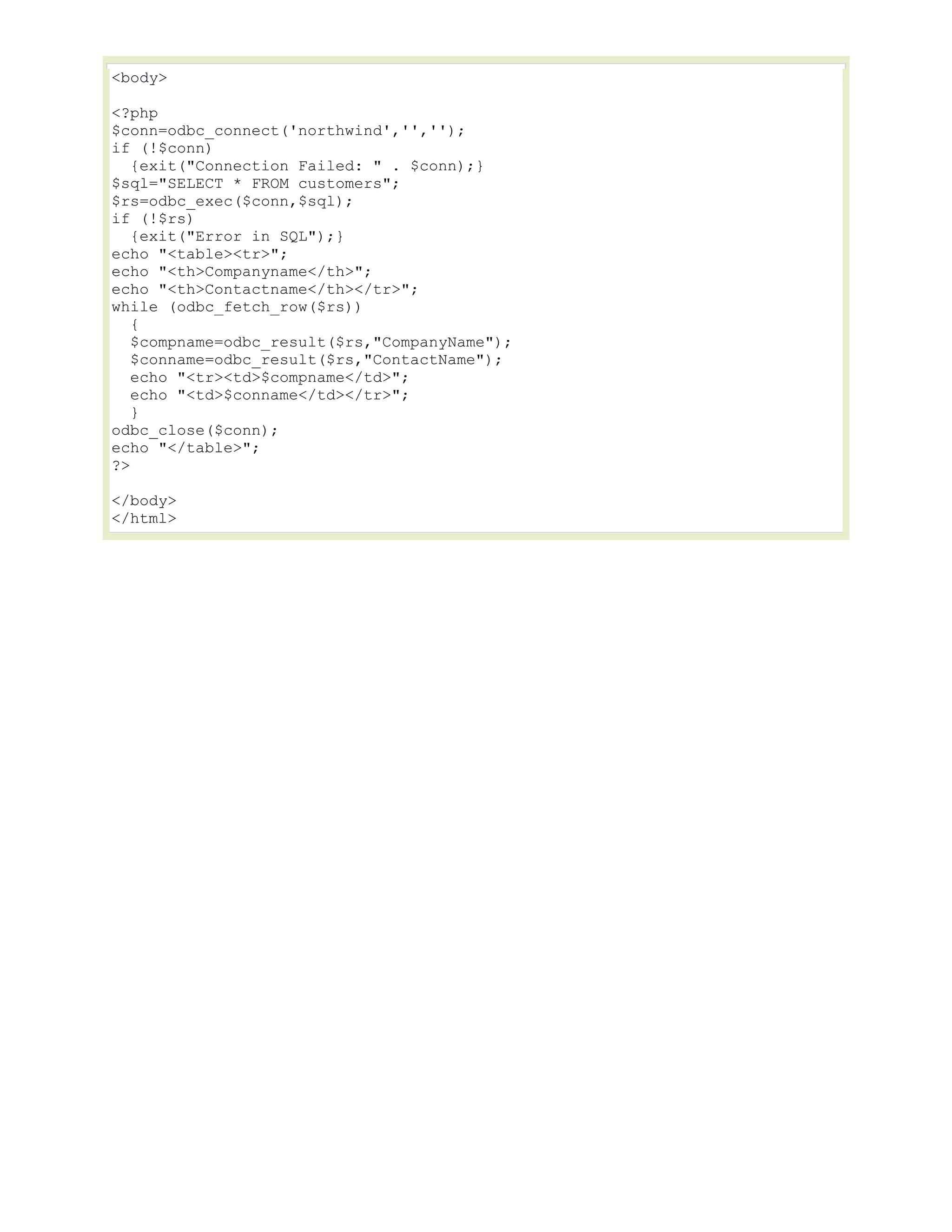 <body>
<?php
$conn=odbc_connect('northwind','','');
if (!$conn)
{exit("Connection Failed: " . $conn);}
$sql="SELECT * FROM customers";
$rs=odbc_exec($conn,$sql);
if (!$rs)
{exit("Error in SQL");}
echo "<table><tr>";
echo "<th>Companyname</th>";
echo "<th>Contactname</th></tr>";
while (odbc_fetch_row($rs))
{
$compname=odbc_result($rs,"CompanyName");
$conname=odbc_result($rs,"ContactName");
echo "<tr><td>$compname</td>";
echo "<td>$conname</td></tr>";
}
odbc_close($conn);
echo "</table>";
?>
</body>
</html>

 