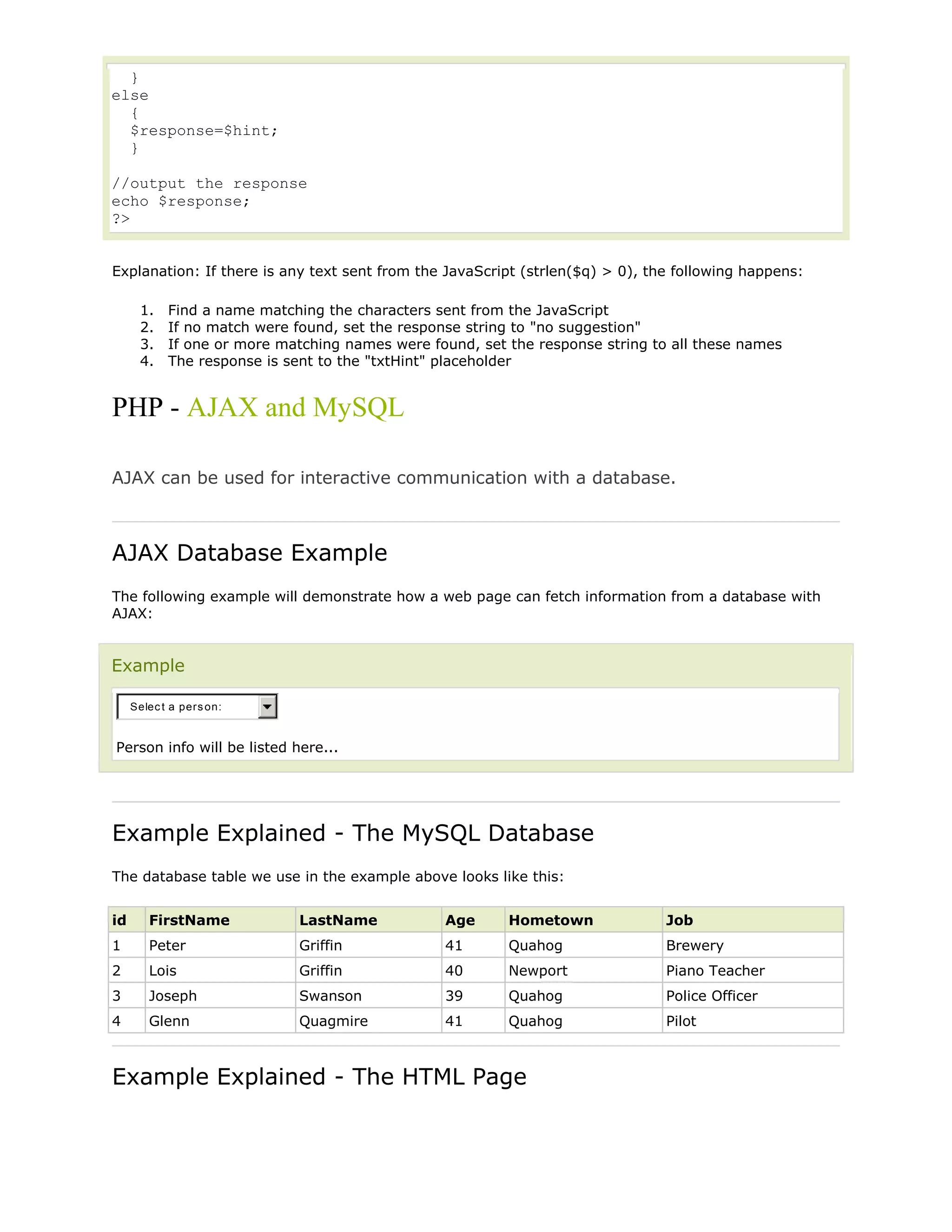 }
else
{
$response=$hint;
}
//output the response
echo $response;
?>
Explanation: If there is any text sent from the JavaScript (strlen($q) > 0), the following happens:
1.
2.
3.
4.

Find a name matching the characters sent from the JavaScript
If no match were found, set the response string to "no suggestion"
If one or more matching names were found, set the response string to all these names
The response is sent to the "txtHint" placeholder

PHP - AJAX and MySQL
AJAX can be used for interactive communication with a database.

AJAX Database Example
The following example will demonstrate how a web page can fetch information from a database with
AJAX:

Example
Selec t a pers on:

Person info will be listed here...

Example Explained - The MySQL Database
The database table we use in the example above looks like this:
id

FirstName

LastName

Age

Hometown

Job

1

Peter

Griffin

41

Quahog

Brewery

2

Lois

Griffin

40

Newport

Piano Teacher

3

Joseph

Swanson

39

Quahog

Police Officer

4

Glenn

Quagmire

41

Quahog

Pilot

Example Explained - The HTML Page

 