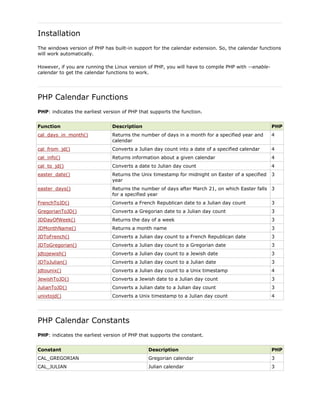 Installation
The windows version of PHP has built-in support for the calendar extension. So, the calendar functions
will work automatically.
However, if you are running the Linux version of PHP, you will have to compile PHP with --enablecalendar to get the calendar functions to work.

PHP Calendar Functions
PHP: indicates the earliest version of PHP that supports the function.
Function

Description

PHP

cal_days_in_month()

Returns the number of days in a month for a specified year and
calendar

4

cal_from_jd()

Converts a Julian day count into a date of a specified calendar

4

cal_info()

Returns information about a given calendar

4

cal_to_jd()

Converts a date to Julian day count

4

easter_date()

Returns the Unix timestamp for midnight on Easter of a specified
year

3

easter_days()

Returns the number of days after March 21, on which Easter falls 3
for a specified year

FrenchToJD()

Converts a French Republican date to a Julian day count

3

GregorianToJD()

Converts a Gregorian date to a Julian day count

3

JDDayOfWeek()

Returns the day of a week

3

JDMonthName()

Returns a month name

3

JDToFrench()

Converts a Julian day count to a French Republican date

3

JDToGregorian()

Converts a Julian day count to a Gregorian date

3

jdtojewish()

Converts a Julian day count to a Jewish date

3

JDToJulian()

Converts a Julian day count to a Julian date

3

jdtounix()

Converts a Julian day count to a Unix timestamp

4

JewishToJD()

Converts a Jewish date to a Julian day count

3

JulianToJD()

Converts a Julian date to a Julian day count

3

unixtojd()

Converts a Unix timestamp to a Julian day count

4

PHP Calendar Constants
PHP: indicates the earliest version of PHP that supports the constant.
Constant

Description

PHP

CAL_GREGORIAN

Gregorian calendar

3

CAL_JULIAN

Julian calendar

3

 