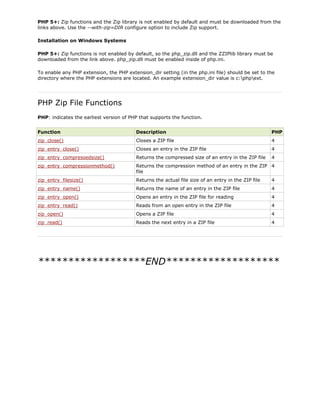PHP 5+: Zip functions and the Zip library is not enabled by default and must be downloaded from the
links above. Use the --with-zip=DIR configure option to include Zip support.
Installation on Windows Systems
PHP 5+: Zip functions is not enabled by default, so the php_zip.dll and the ZZIPlib library must be
downloaded from the link above. php_zip.dll must be enabled inside of php.ini.
To enable any PHP extension, the PHP extension_dir setting (in the php.ini file) should be set to the
directory where the PHP extensions are located. An example extension_dir value is c:phpext.

PHP Zip File Functions
PHP: indicates the earliest version of PHP that supports the function.
Function

Description

PHP

zip_close()

Closes a ZIP file

4

zip_entry_close()

Closes an entry in the ZIP file

4

zip_entry_compressedsize()

Returns the compressed size of an entry in the ZIP file

4

zip_entry_compressionmethod()

Returns the compression method of an entry in the ZIP 4
file

zip_entry_filesize()

Returns the actual file size of an entry in the ZIP file

4

zip_entry_name()

Returns the name of an entry in the ZIP file

4

zip_entry_open()

Opens an entry in the ZIP file for reading

4

zip_entry_read()

Reads from an open entry in the ZIP file

4

zip_open()

Opens a ZIP file

4

zip_read()

Reads the next entry in a ZIP file

4

******************END*******************

 