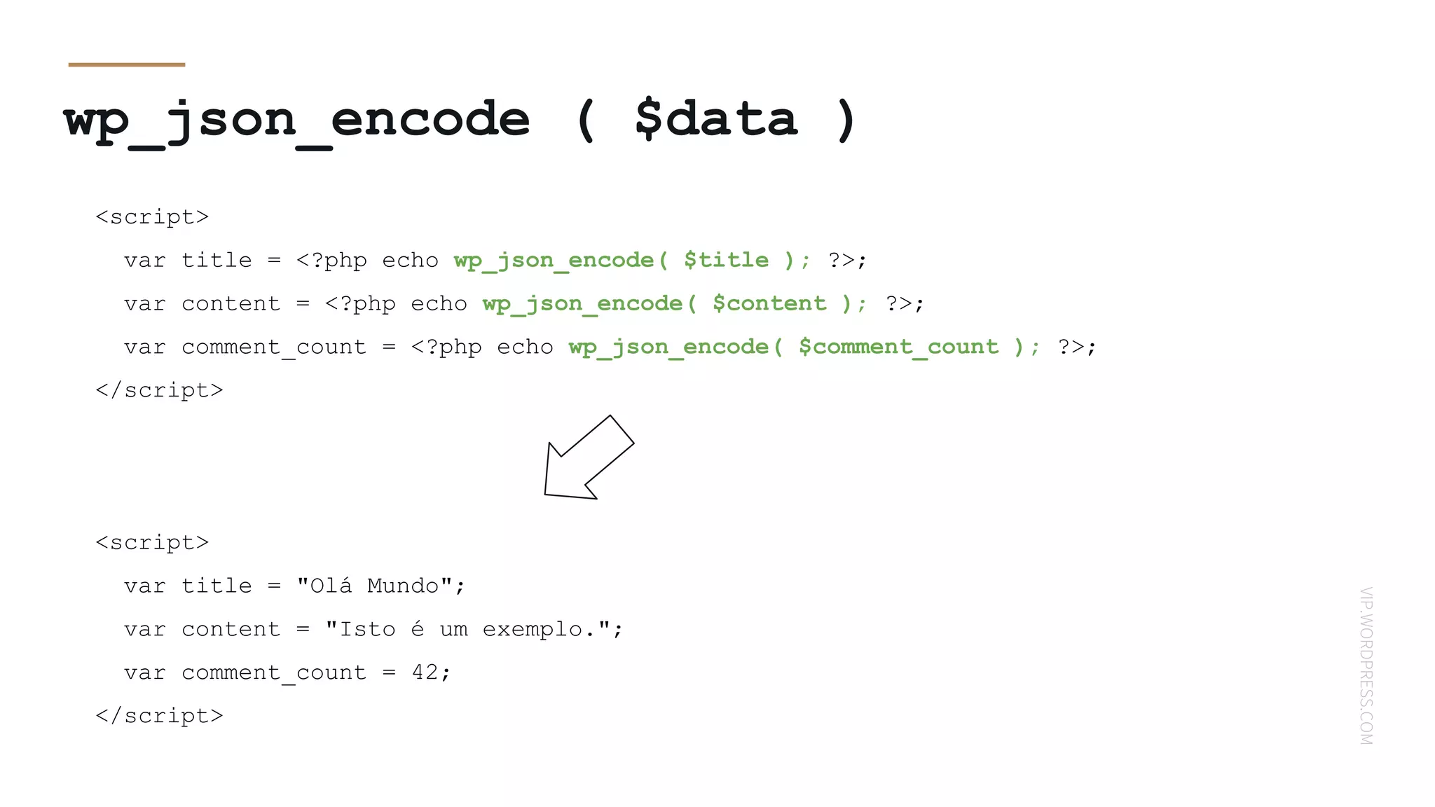 VIP.WORDPRESS.COM
<script>
var title = <?php echo wp_json_encode( $title ); ?>;
var content = <?php echo wp_json_encode( $content ); ?>;
var comment_count = <?php echo wp_json_encode( $comment_count ); ?>;
</script>
wp_json_encode ( $data )
<script>
var title = "Olá Mundo";
var content = "Isto é um exemplo.";
var comment_count = 42;
</script>
 