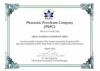 Pharaonic Petroleum Company I BP Training Certificate I 2017