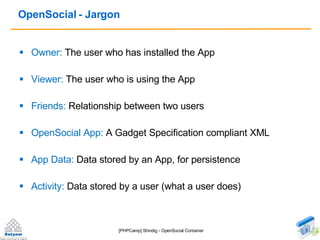 OpenSocial - Jargon <ul><li>Owner:  The user who has installed the App </li></ul><ul><li>Viewer:  The user who is using th...