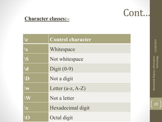 Cont.….
c Control character
s Whitespace
S Not whitespace
d Digit (0-9)
D Not a digit
w Letter (a-z, A-Z)
W Not a letter
x Hexadecimal digit
O Octal digit
11/28/2019
BantamlakDejene,Information
Technology
20
Character classes:–
 