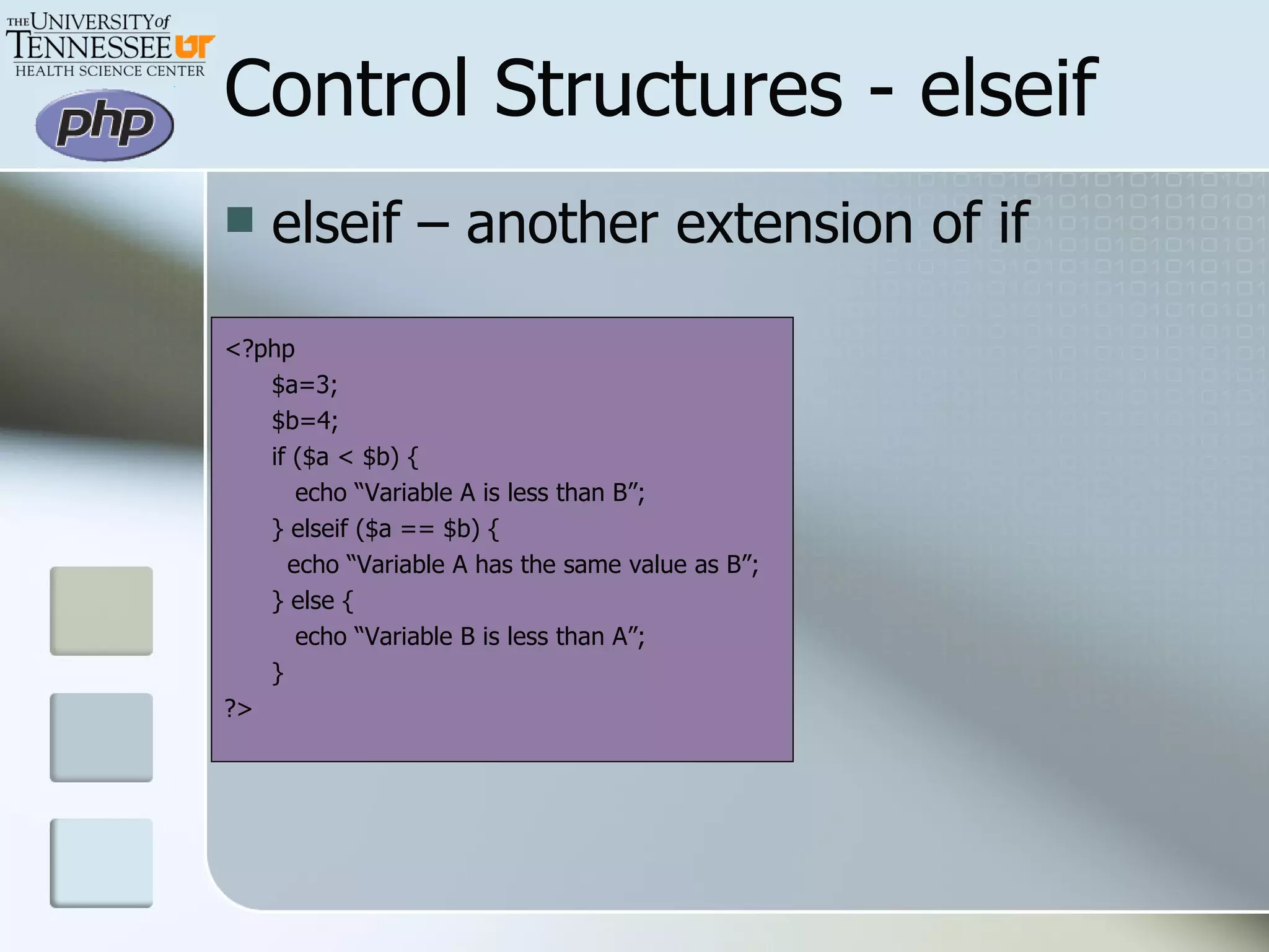 Control Structures - elseif elseif – another extension of if <?php $a=3; $b=4; if ($a < $b) {   echo “Variable A is less than B”; } elseif ($a == $b) {   echo “Variable A has the same value as B”; } else {   echo “Variable B is less than A”; } ?> 