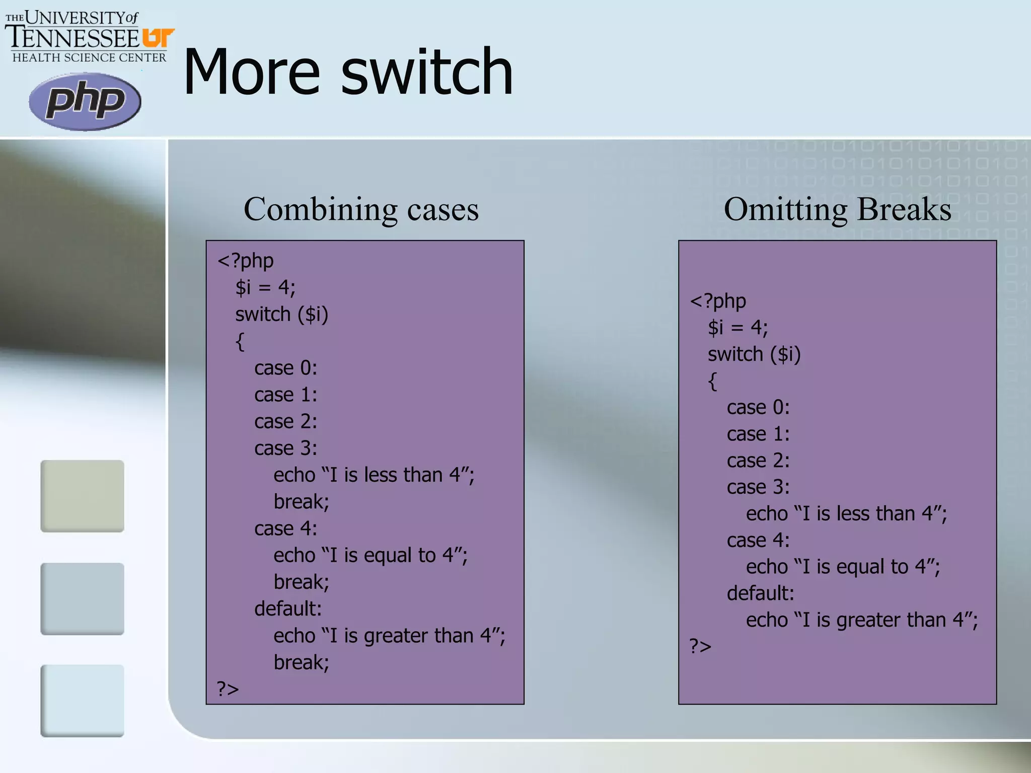 More switch <?php $i = 4; switch ($i) { case 0: case 1: case 2: case 3: echo “I is less than 4”; break; case 4: echo “I is equal to 4”; break; default: echo “I is greater than 4”; break; ?> Combining cases Omitting Breaks <?php $i = 4; switch ($i) { case 0: case 1: case 2: case 3: echo “I is less than 4”; case 4: echo “I is equal to 4”; default: echo “I is greater than 4”; ?> 