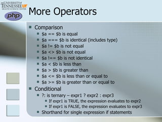 More Operators Comparison $a == $b is equal $a === $b is identical (includes type) $a != $b is not equal $a <> $b is not equal $a !== $b is not identical $a < $b is less than $a > $b is greater than $a <= $b is less than or equal to $a >= $b is greater than or equal to Conditional ?: is ternary – expr1 ? expr2 : expr3 If expr1 is TRUE, the expression evaluates to expr2 If expr1 is FALSE, the expression evaluates to expr3 Shorthand for single expression if statements 