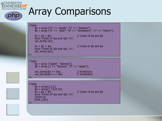 Array Comparisons <?php $a = array ("a" => "apple", "b" => "banana"); $b = array ("a" => "pear", "b" => "strawberry", "c" => "cherry"); $c = $a + $b;  // Union of $a and $b echo "Union of \$a and \$b: \n"; var_dump ($c); $c = $b + $a;  // Union of $b and $a echo "Union of \$b and \$a: \n"; var_dump ($c); ?>  <?php $a = array ("apple", "banana"); $b = array (1 => "banana", "0" => "apple"); var_dump($a == $b);  // bool(true) var_dump($a === $b);  // bool(false) ?>  <?php $a = array(1,2,3); $b = array(1,7,8,9,10); $c = $a + $b;  // Union of $a and $b echo "Union of \$a and \$b: \n"; //echo $c print_r($c); ?>  