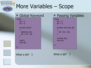 Global Keyword <?php $a = 1; $b = 2; function Sum() {    global $a, $b;    $b = $a + $b; }  Sum(); echo $b; ?>   What is $b? More Variables – Scope Passing Variables <?php $a = 1; $b = 2; function Sum ($a, $b) {    $b = $a + $b; }  Sum($a, $b); echo $b; ?>   What is $b? 3 2 