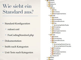 Wie sieht ein
Standard aus?

✤   Standard-Konﬁguration

    ✤   ruleset.xml

    ✤   FooCodingStandard.php

✤   Dokumentation

✤   Sniffs nach Kategorien

✤   Unit Tests nach Kategorien
 