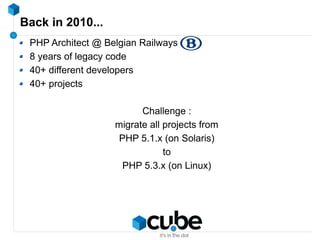 Back in 2010...
PHP Architect @ Belgian Railways
8 years of legacy code
40+ different developers
40+ projects
Challenge :
migrate all projects from
PHP 5.1.x (on Solaris)
to
PHP 5.3.x (on Linux)
 