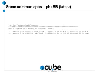 Some common apps – phpBB (latest)
FILE: /usr/src/phpBB3/adm/index.php
--------------------------------------------------------------------------------
FOUND 0 ERROR(S) AND 2 WARNING(S) AFFECTING 1 LINE(S)
--------------------------------------------------------------------------------
48 | WARNING | INI directive 'safe_mode' is deprecated in PHP 5.3 and forbidden in PHP 5.4.
48 | WARNING | INI directive 'safe_mode' is deprecated in PHP 5.3 and forbidden in PHP 5.4.
--------------------------------------------------------------------------------
 