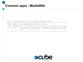 Common apps - MediaWiki
FILE: /usr/src/mediawiki-1.19.8/includes/GlobalFunctions.php
--------------------------------------------------------------------------------
FOUND 0 ERROR(S) AND 1 WARNING(S) AFFECTING 1 LINE(S)
--------------------------------------------------------------------------------
2705 | WARNING | The use of function dl is discouraged in PHP version 5.3 and
| | discouraged in PHP version 5.4 and discouraged in PHP version
| | 5.5
--------------------------------------------------------------------------------
 