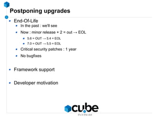 Postponing upgrades
End-Of-Life
In the past : we'll see
Now : minor release + 2 = out → EOL
5.6 = OUT → 5.4 = EOL
7.0 = OUT → 5.5 = EOL
Critical security patches : 1 year
No bugfixes
Framework support
Developer motivation
 