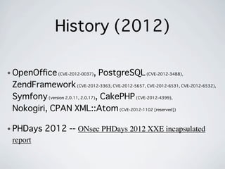 History (2012)
• OpenOffice(CVE-2012-0037), PostgreSQL(CVE-2012-3488),
ZendFramework(CVE-2012-3363, CVE-2012-5657, CVE-201...