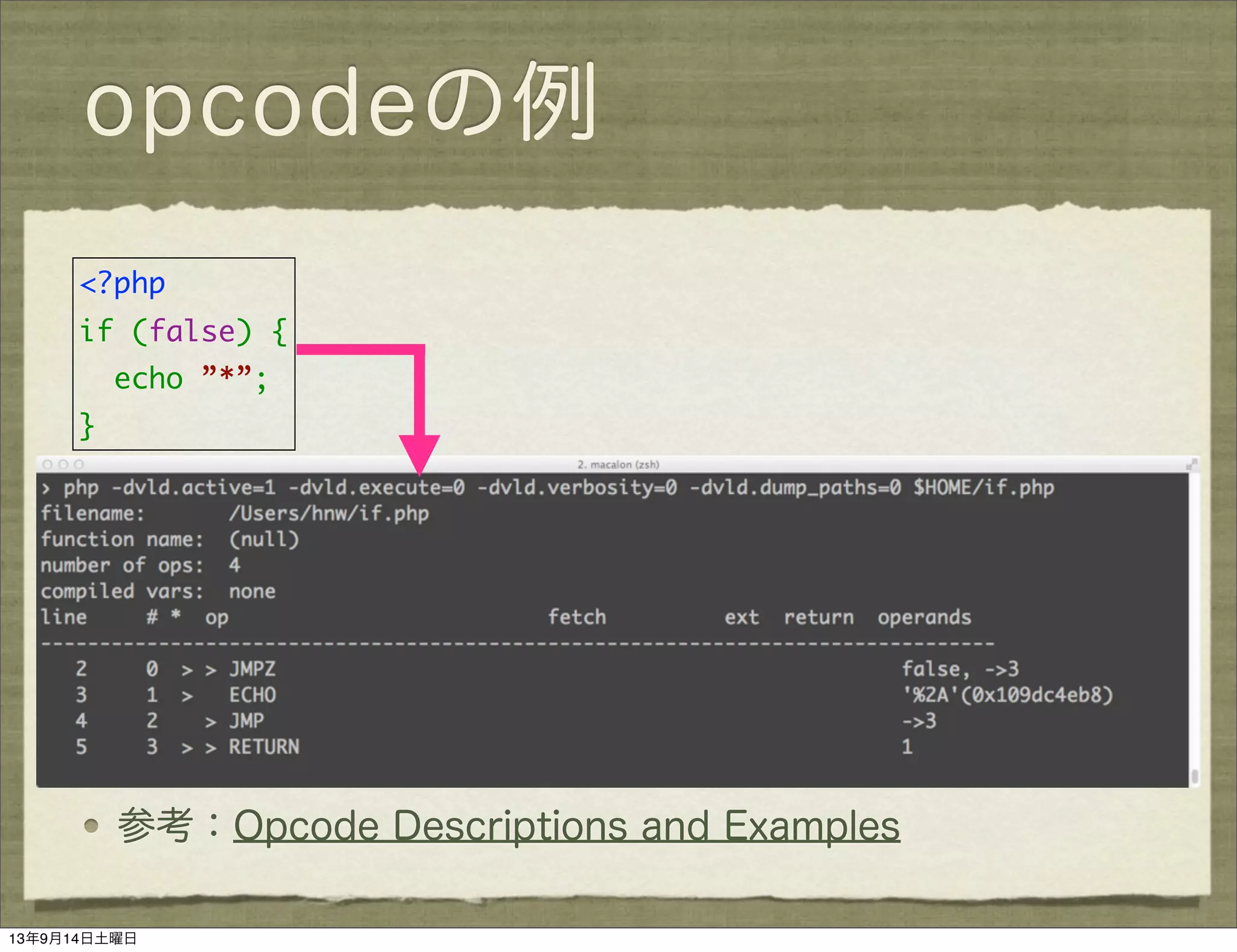 opcodeの例
参考：Opcode Descriptions and Examples
<?php
if (false) {
echo ”*”;
}
13年9月14日土曜日
 