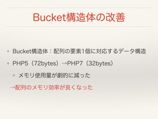 Bucket構造体の改善
❖ Bucket構造体：配列の要素1個に対応するデータ構造
❖ PHP5（72bytes）→PHP7（32bytes）
❖ メモリ使用量が劇的に減った
→配列のメモリ効率が良くなった
 