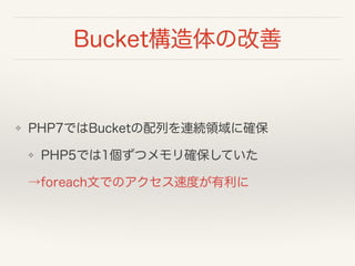 Bucket構造体の改善
❖ PHP7ではBucketの配列を連続領域に確保
❖ PHP5では1個ずつメモリ確保していた
→foreach文でのアクセス速度が有利に
 