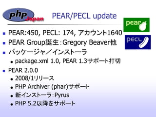 PEAR/PECL update
 PEAR:450, PECL: 174, アカウント1640
 PEAR Group誕生：Gregory Beaver他
 パッケージャ／インストーラ
● package.xml 1.0, PEAR 1.3サポート打切
 PEAR 2.0.0
● 2008/1リリース
● PHP Archiver (phar)サポート
● 新インストーラ：Pyrus
● PHP 5.2以降をサポート
 