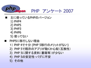 PHP アンケート 2007
 PHP5に移行しない理由
１） PHP 4で十分 (PHP 5移行のメリットがない)
2) PHP 5で既存のアプリが動くか心配（互換性）
3) PHP 5に関する資料（書籍等）が少ない
4) PHP 5の安定性・バグに不安
5) その他
 主に使っているPHPのバージョン
1) PHP4
2) PHP5
3) PHP3
4) PHP6
5) 使ってない
 