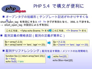 PHP 5.4  で構文が便利に <ul><li>オープンタグの短縮形（テンプレート記述がわかりやすくなる） </li></ul>こんにちは、 <? php echo $name; ?> さん こんにちは、 <?= $ name ?> さん s...