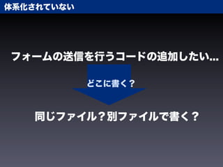 体系化されていない




フォームの送信を行うコードの追加したい...

            どこに書く？



   同じファイル？別ファイルで書く？
 