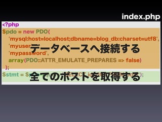 index.php
<?php
$pdo = new PDO(
   'mysql:host=localhost;dbname=blog_db:charset=utf8',

         データベースへ接続する
   'myuser',
   'mypassword',
   array(PDO::ATTR_EMULATE_PREPARES => false)
 );

         全てのポストを取得する
$stmt = $pdo->query('SELECT id, title FROM post');
 