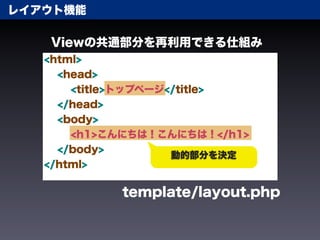 レイアウト機能

   Viewの共通部分を再利用できる仕組み
   <html>
     <head>
       <title>トップページ</title>
     </head>
     <body>
       <h1>こんにちは！こんにちは！</h1>
     </body>
                     動的部分を決定
   </html>

            template/layout.php
 