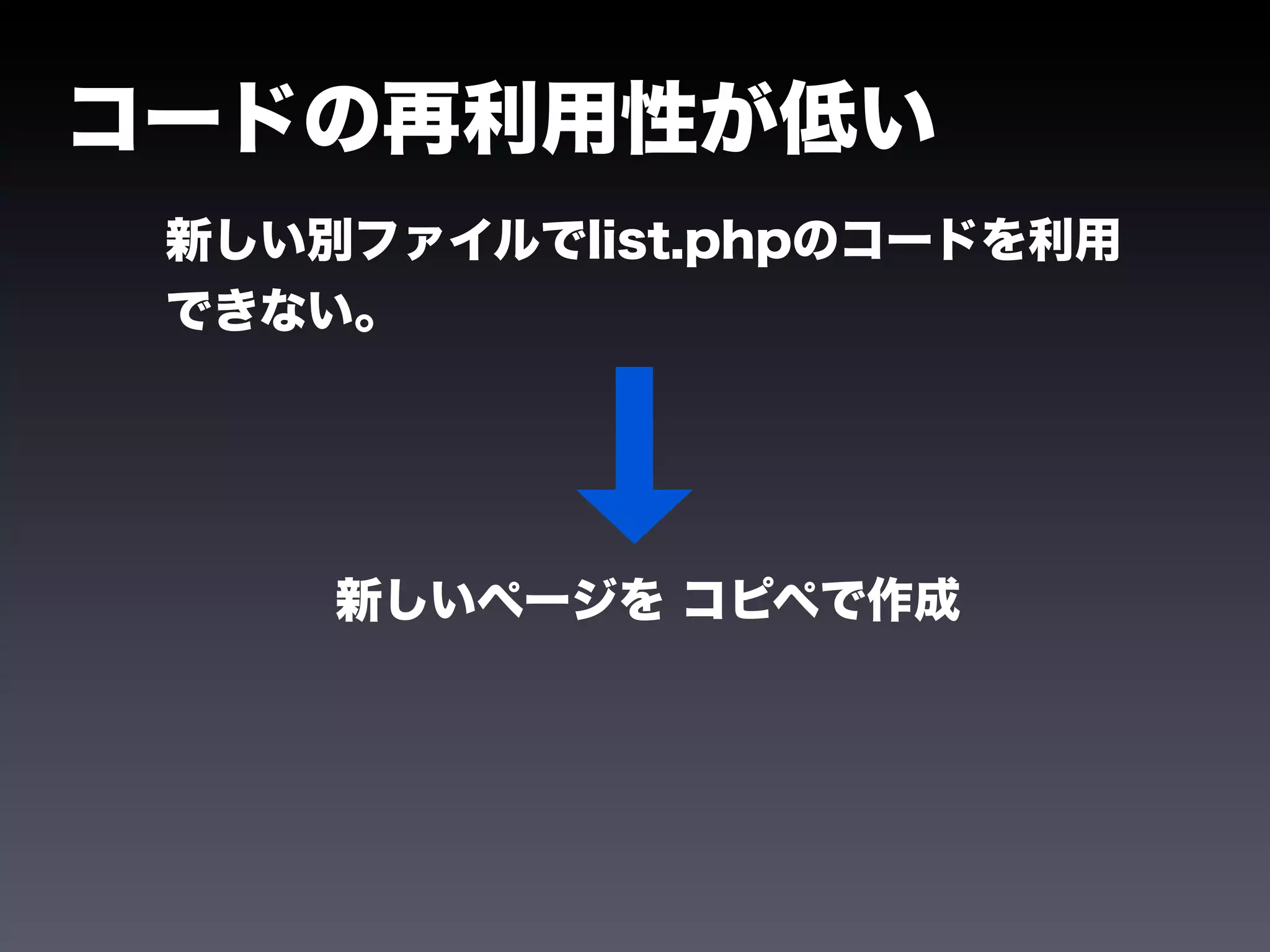 コードの再利用性が低い
 新しい別ファイルでlist.phpのコードを利用
 できない。




     新しいページを コピペで作成
 